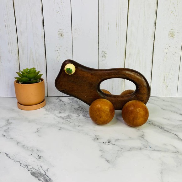 Vintage Wooden Frog Rolling Push Toy Montessori Nursery - Picture 1 of 9